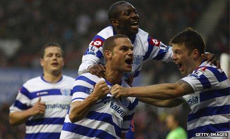 Luke Young scores Queens Park Rangers' second goal against Stoke