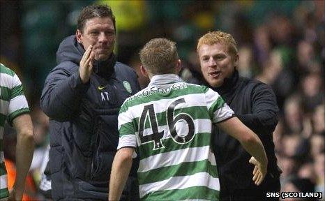 Alan Thompson and Neil Lennon congratulate Dylan McGeough