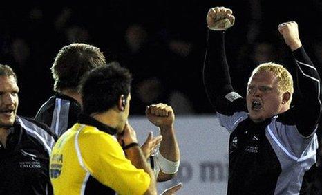 Kevin Wells celebrates Newcastle's win over Gloucester