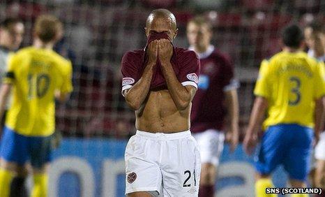 Mehdi Taouil hangs his head as St Johnstone are awarded a penalty