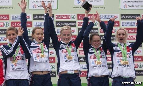 Britain's senior women celebrate gold in Slovenia