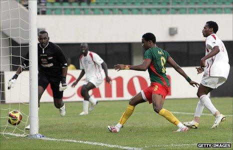 Cameroon's Samuel Eto'o scores against Sudan at the 2008 Nations Cup