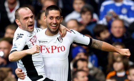 Fulham's Danny Murphy celebrates with goalscorer Clint Dempsey at Chelsea