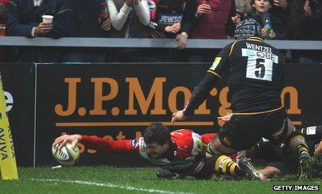 Jonny May scores his second try for Gloucester