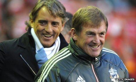 Manchester City manager Roberto Mancini and Liverpool boss Kenny Dalglish