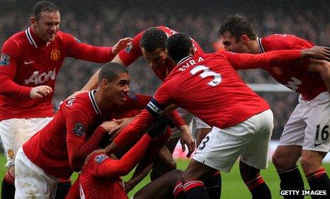 Manchester United celebrate their 3-2 win over Manchester City in the FA Cup third round