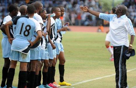 Botswana coach Stanley Tshosane instructs his squad