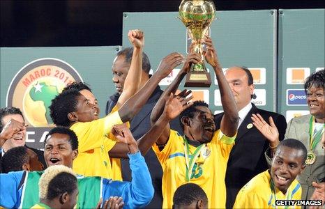 Gabon's players celebrate winning the Confederation of African Football's inaugural Under-23 championships