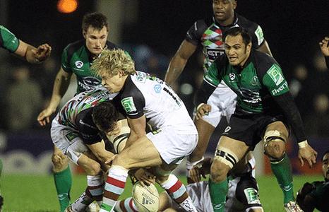 Harlequins pair Matt Hoppe and Danny Care attempt to grab possession against Connacht