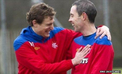 Nikica Jelavic and David Weir share a laugh