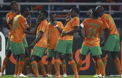 Zambia celebrate their opener against Senegal