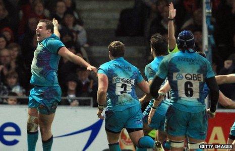 Brett Sturgess celebrates his try against Perpignan