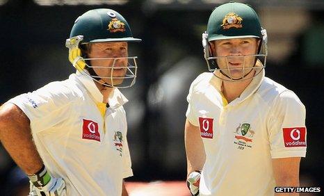 Australia captain Michael Clarke (r) and former captain Ricky Ponting