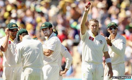 Peter Siddle (second right) celebrates his five-wicket haul