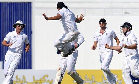 Panesar celebrates after bowling Younus Khan