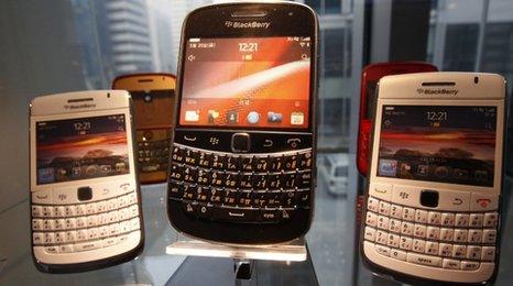 BlackBerry handsets on sale in a shop window