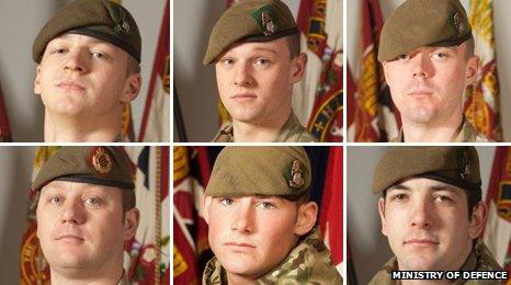 Clockwise from top left: Pte Wade, Pte Wilford, Pte Frampton, Pte Kershaw, Cpl Hartley and Sgt Coupe