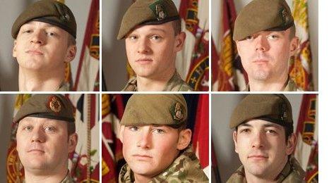 Clockwise from top left: Pte Wade, Pte Wilford, Pte Frampton, Pte Kershaw, Cpl Hartley and Sgt Coupe