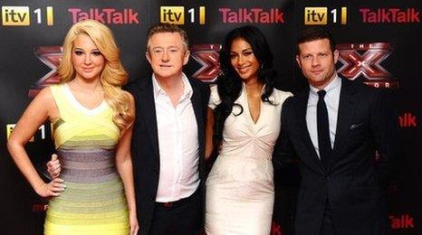 X Factor judges Tulisa, Louis and Nicole with presenter Dermot O'Leary