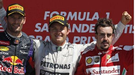 Nico Rosberg of Germany, centre, Mark Webber of Australia, left and Fernando Alonso of Spain, right