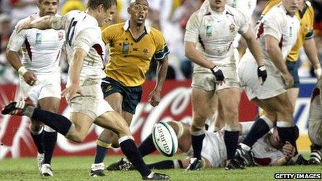 Jonny Wilkinson kicks the winning drop-goal in the 2003 World Cup final