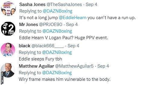 Fans on Twitter react to Eddie Hearn's punchbag challenge. Responses include: "It's not a long jump, you can't have a run up", "Eddie Hearn v Logan Paul? Huge PPV event", "Eddie sleeps Fury tbh" and "wiry frame makes him vulnerable to the body"