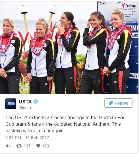 Tweet from USTA apologises for German anthem mistake