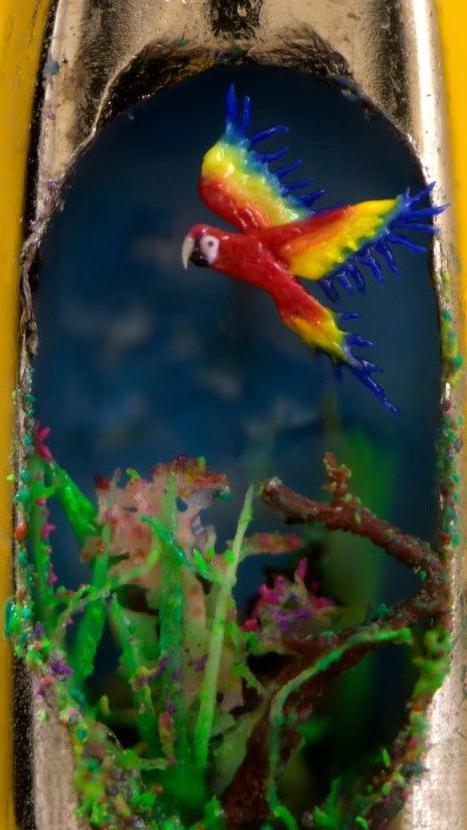 A flying parrot above plants, in the eye of a needle