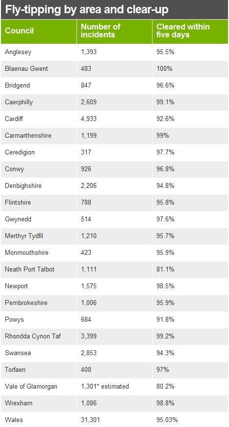 Table of fly-tipping by area