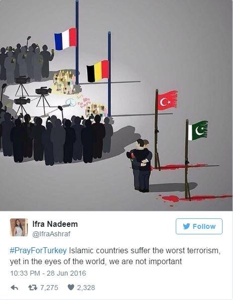 A Tweet with a picture of French and Belgian flags on a pole with a gathering of media focused on them and to the side Turkish and Pakistani flags with blood below them and two lone men hugging.