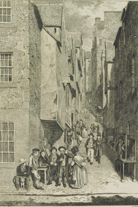 Black and white drawing of how Libberton's Wynd once looked with people in traditional dress in the foreground.