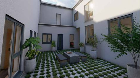 An architect's drawing of the new design for white two storey buildings set around a courtyard. In the courtyard there is a table with two benches and five large potted plants in stone tubs. The floor is made of pale gravel studded with plants to form a regular pattern.