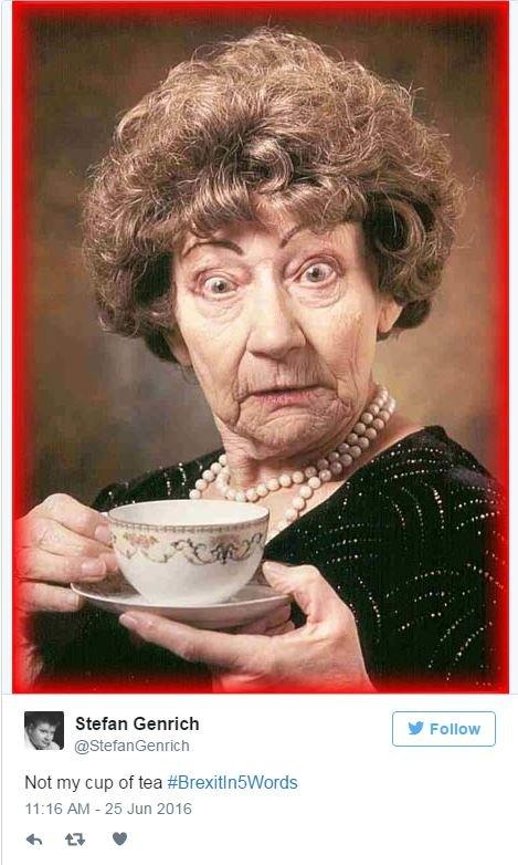 A Tweet with a pciture of a bemused woman drinking a cup of tea with the words "Not my cup of tea"