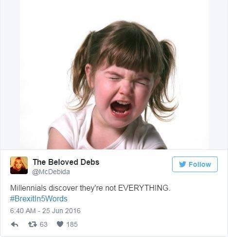 A tweet with a picture of a crying child followed by the words Millenials discover they are not EVERYTHING