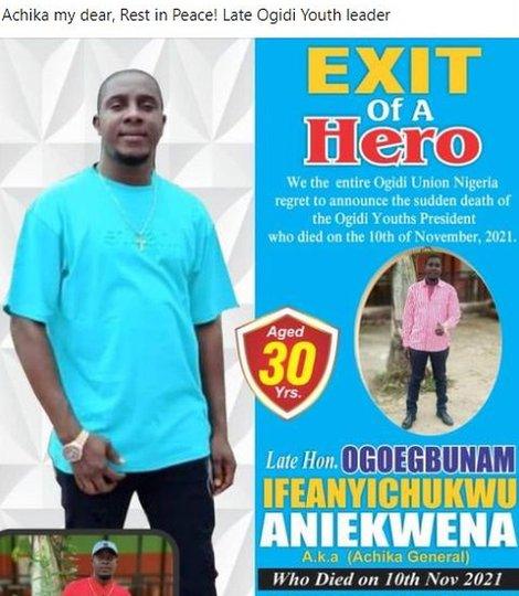 Flyer showing news of the death of Ogidi youth leader, with picture of him wearing a blue t shirt and text saying "exit of a hero"