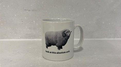 A white mug has an image of the ram from the "absolute unit" meme.