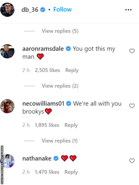 comments of support on Instagram from Aaron Ramsdale, Neco Williams and Nathan Ake