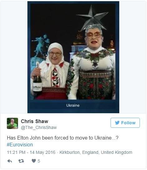 @The_ChrisShaw: Has Elton John been forced to move to Ukraine...? #Eurovision