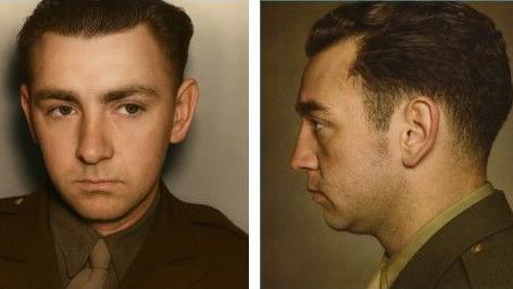 The front and side profile of American soldier William Harrison's mugshot. He has brown hair slicked back slightly to the side and is wearing a green army uniform 