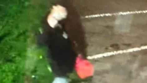 A blurry CCTV image of a person seemingly holding a red jerrycan