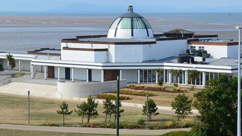 Fleetwood Marine Hall with the Irish Sea in the background and lawns in the foreground