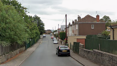 A view of Courtney Road. On one side there are lots of trees and hedges behind a fence, while on the right there are houses with cars parked on the road. 