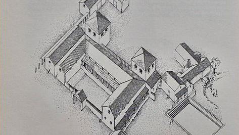 A drawing showing the reconstruction of a Roman villa with a swimming pool, a courtyard and two small towers.