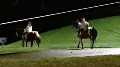 Two children on ponies on a street at night