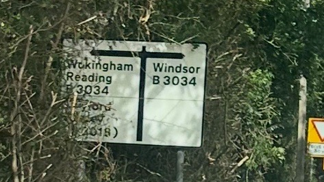 Wokingham and Windsor white sign covered by branches