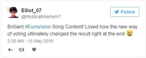 @MysticalMayhem7: Brilliant #Eurovision Song Contest! Loved how the new way of voting ultimately changed the result right at the end 😺