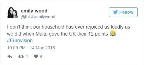 @thisisemilywood: I don't think our household has ever rejoiced as loudly as we did when Malta gave the UK their 12 points 😂 #Eurovision