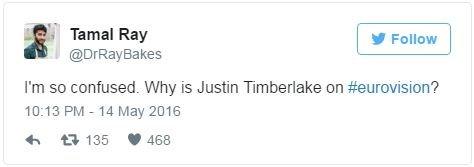 @DrRayBakes: I'm so confused. Why is Justin Timberlake on #eurovision?