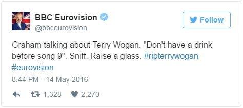 @bbceurovision: Graham talking about Terry Wogan. "Don't have a drink before song 9". Sniff. Raise a glass. #ripterrywogan #eurovision