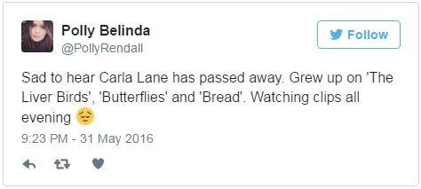 @PollyRendall tweets: Sad to hear Carla Lane has passed away. Grew up on 'The Liver Birds', 'Butterflies' and 'Bread'. Watching clips all evening 😔